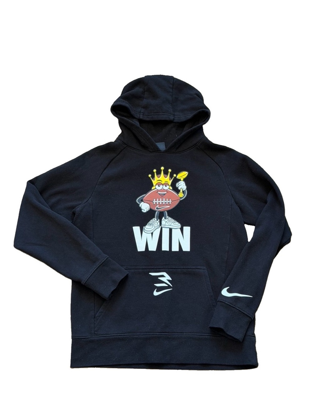 Nike Black Crewneck Hoodie with 'WIN' Football Cartoon Graphic